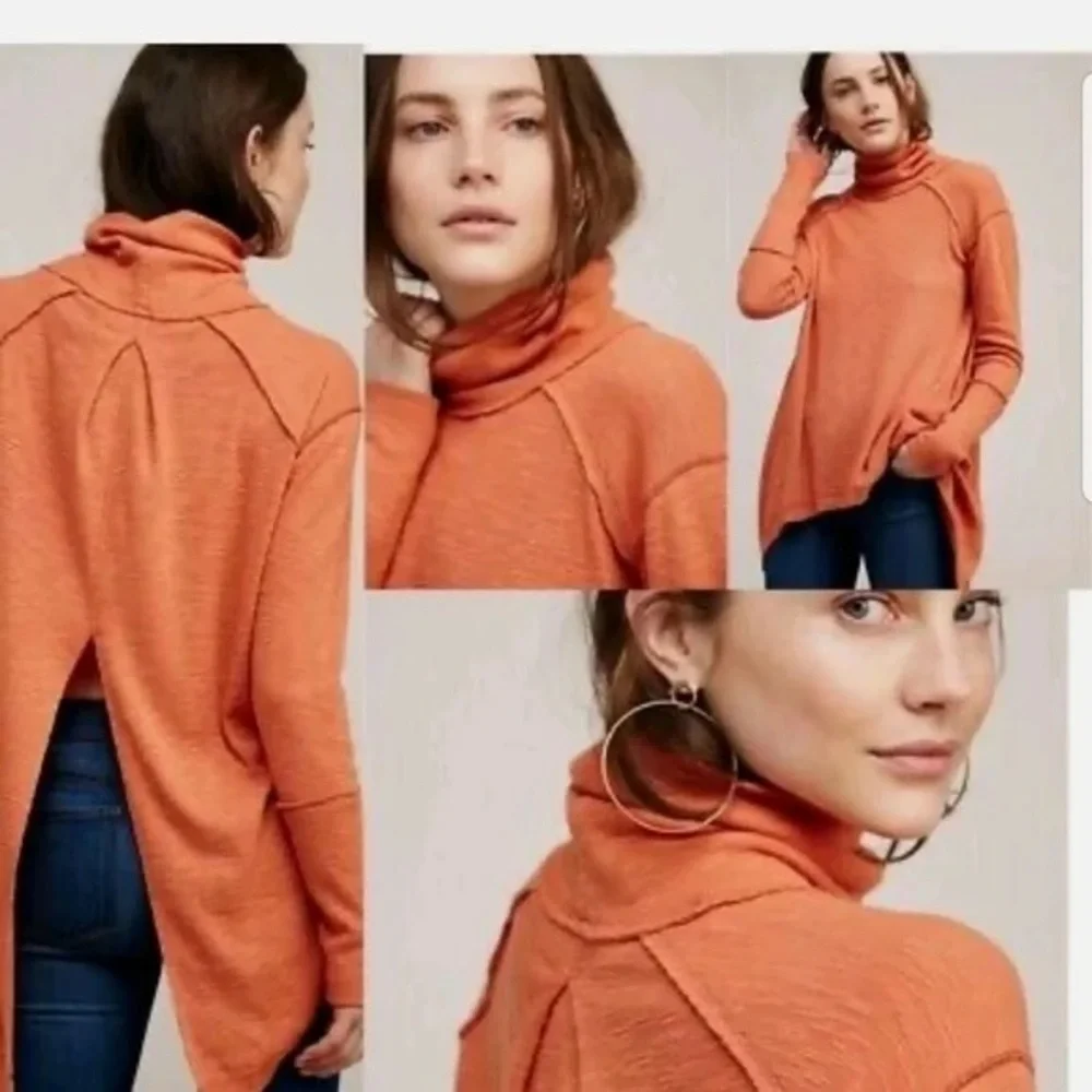 We The Free People Burnt Orange Split Back Turtleneck Knit Top High Low Hem XS